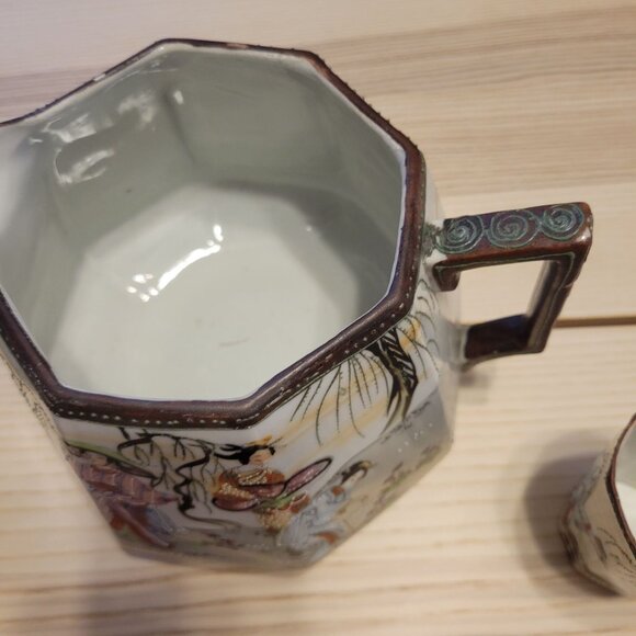 Vintage Antique Japanese Pitcher and Cup Set Geisha Asian Pattern Hand Painted - Picture 7 of 16